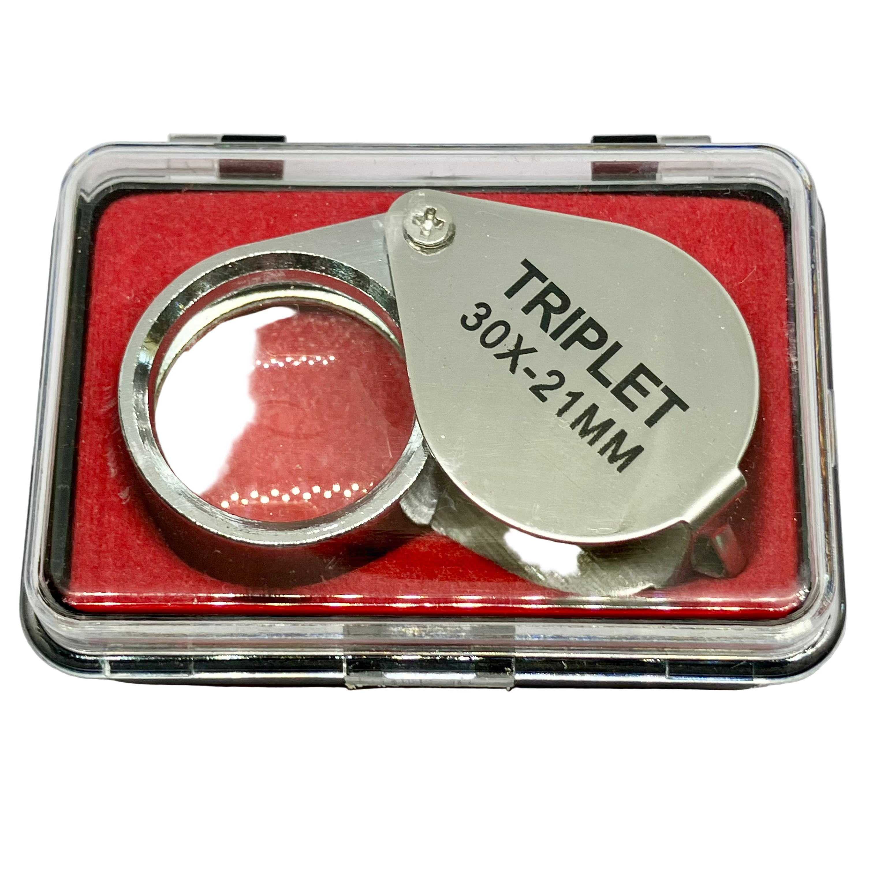 Silver triplet magnifier with red interior in clear case on white background